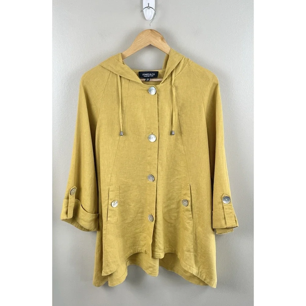 Jones & Co 100% Linen Jacket Poncho Hooded Button Front Swing Lagenlook‎ Sz M